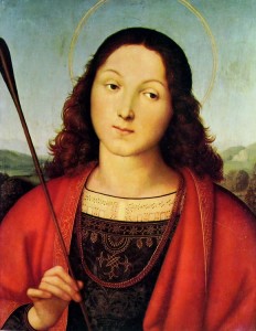 Raffaello Sanzio: “SAN SEBASTIANO”, realizzato con tecnica ad olio su tavola nel 1501-1502, misura 43 x 34 cm. ed è custodito a Bergamo, Accademia Carrara.